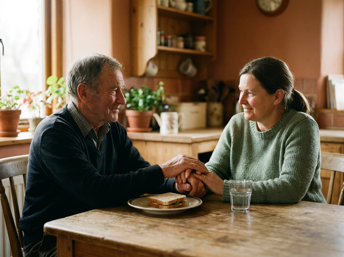 A patient and family member sharing a meal together at a kitchen table