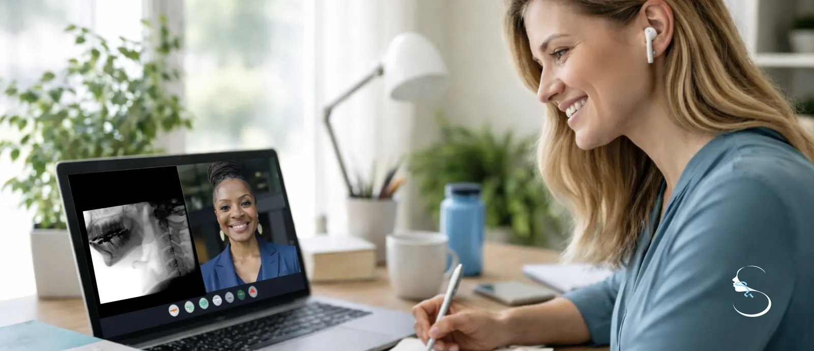 A clinician in a virtual consultation with Dr. Humbert while reviewing swallow imaging