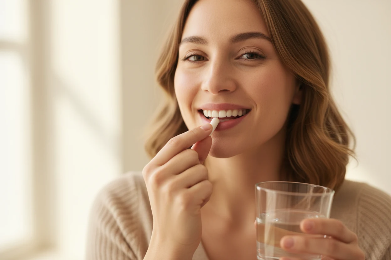 A smiling woman about to swallow a small capsule with a glass of water